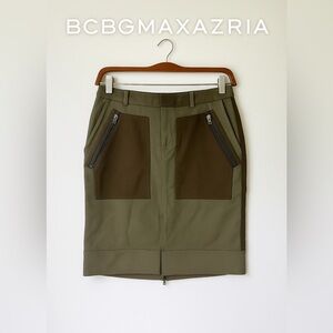 BCBGMAXAZRIA Women’s Utility Pencil Skirt Green Brown Contrast Pockets Zipper 4